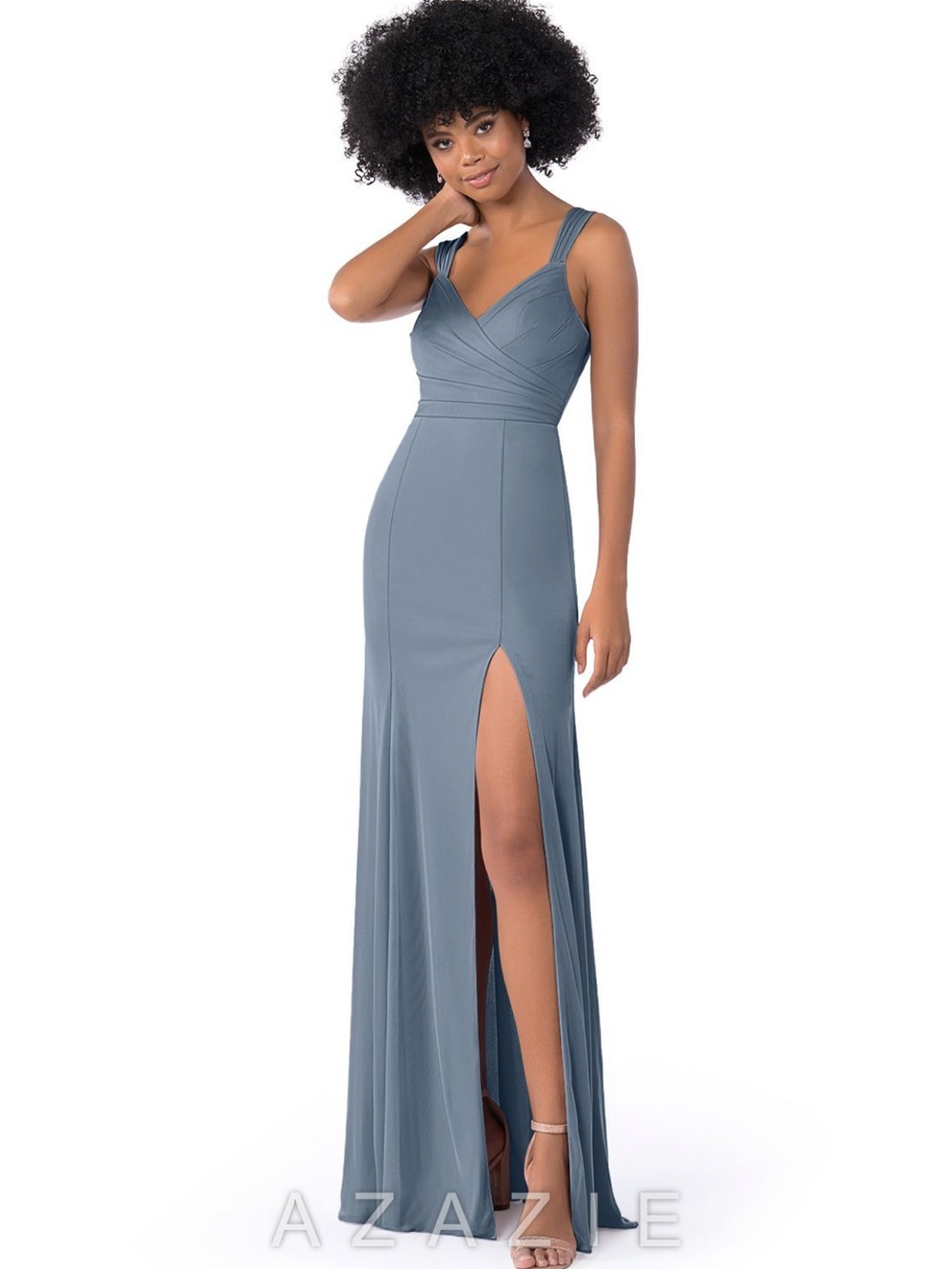 Azazie Slate Blue V-Neck Gown with High Slit - Tibby